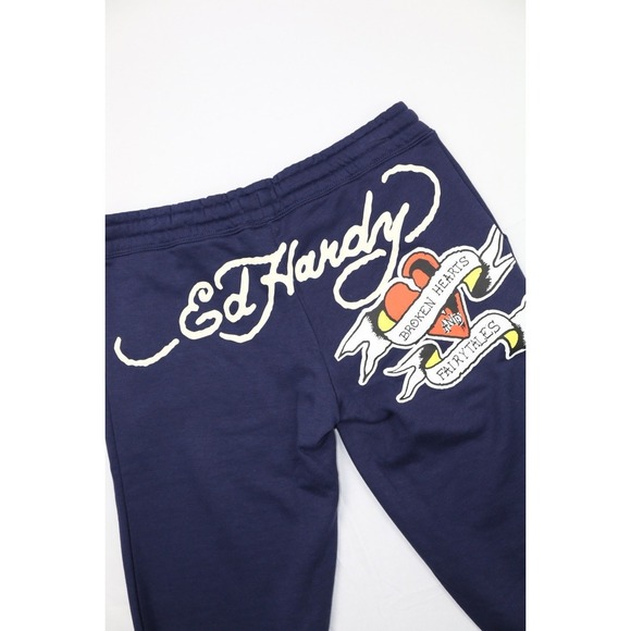 Ed Hardy Womens Broken Hearts  Sweatpants Wide Leg Y2K Navy Eclipse L  Fleece - Picture 13 of 16